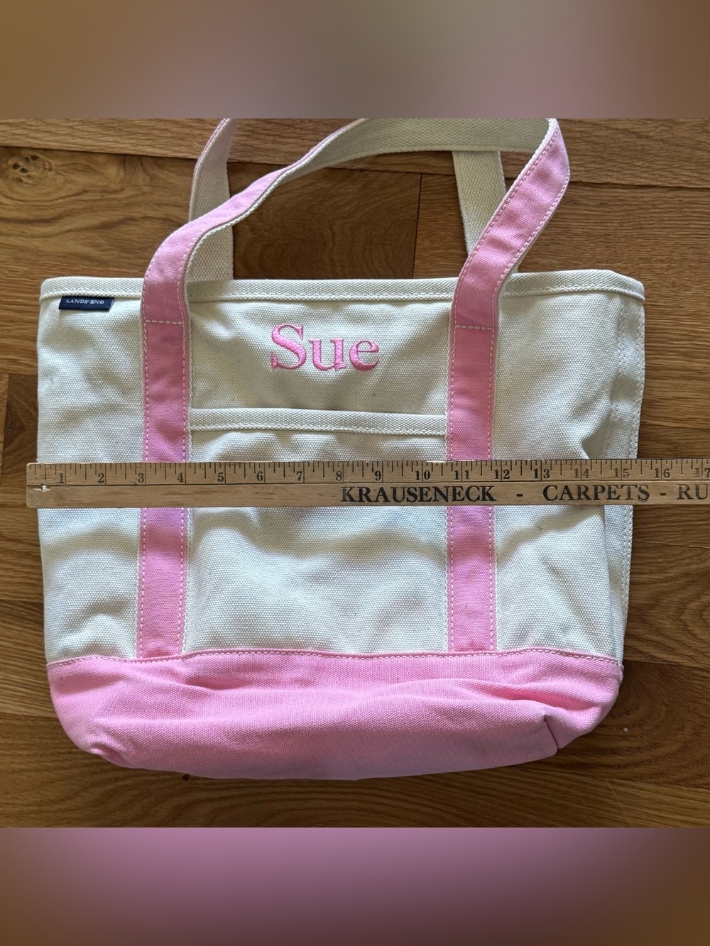 Lands’ End Canvas Tote Bag Pink & Natural Monogrammed “Sue” Medium Open Top Boat - Picture 11 of 13